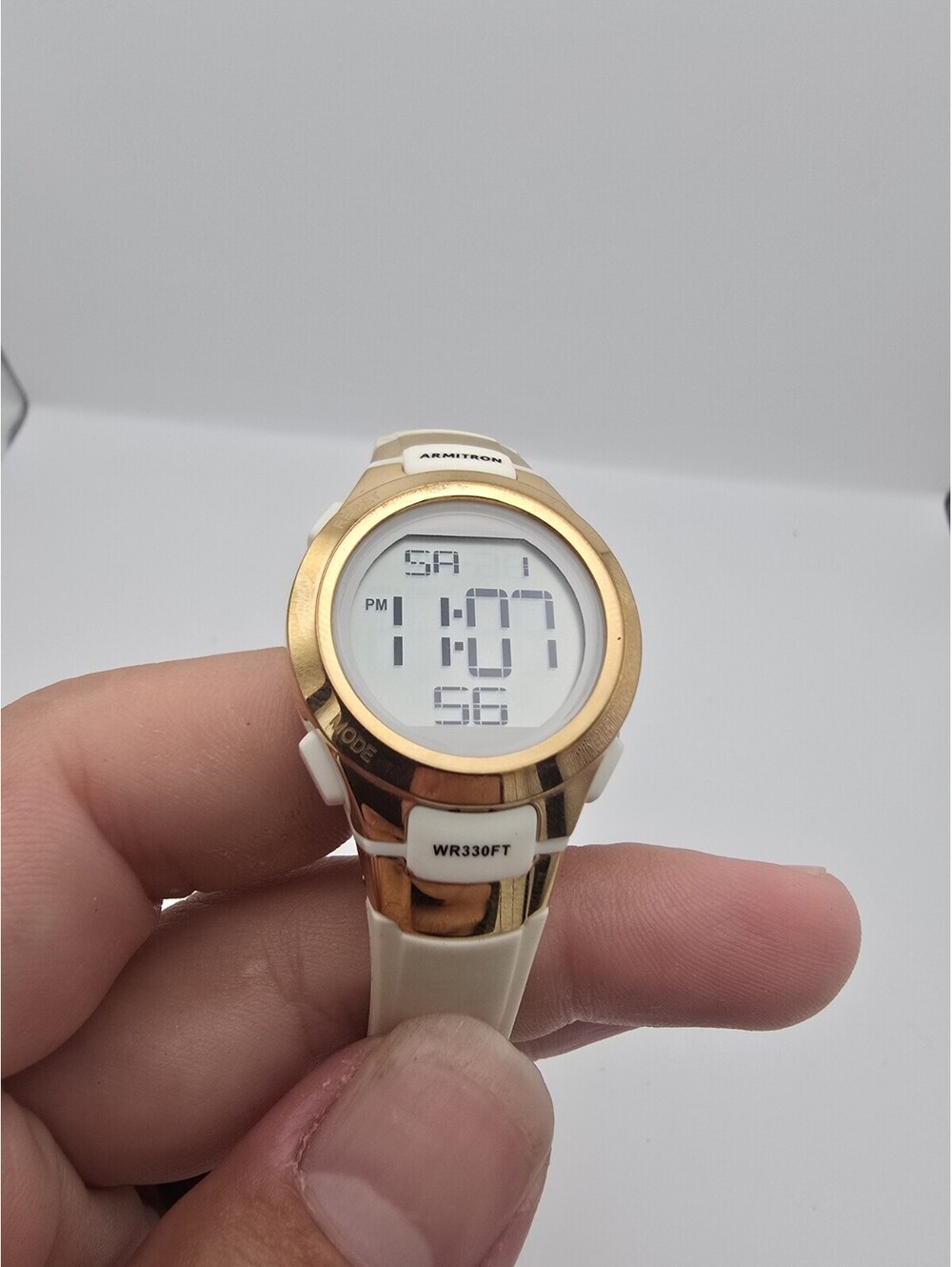 Armitron Pro Sport 45/7012 Gold Tone White Digital Sport Watch Resin Band
